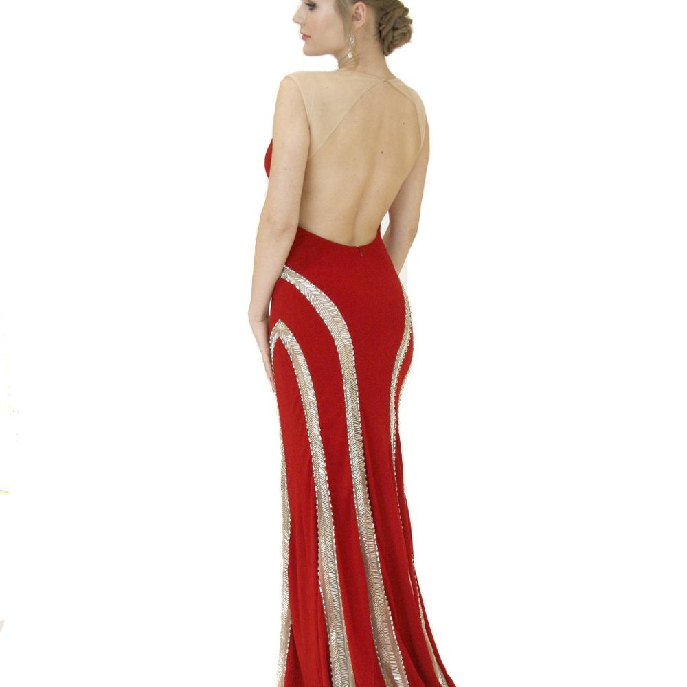 NWT Jovani evening dress, Stretch Jersey, Open Back, dark red size 8,